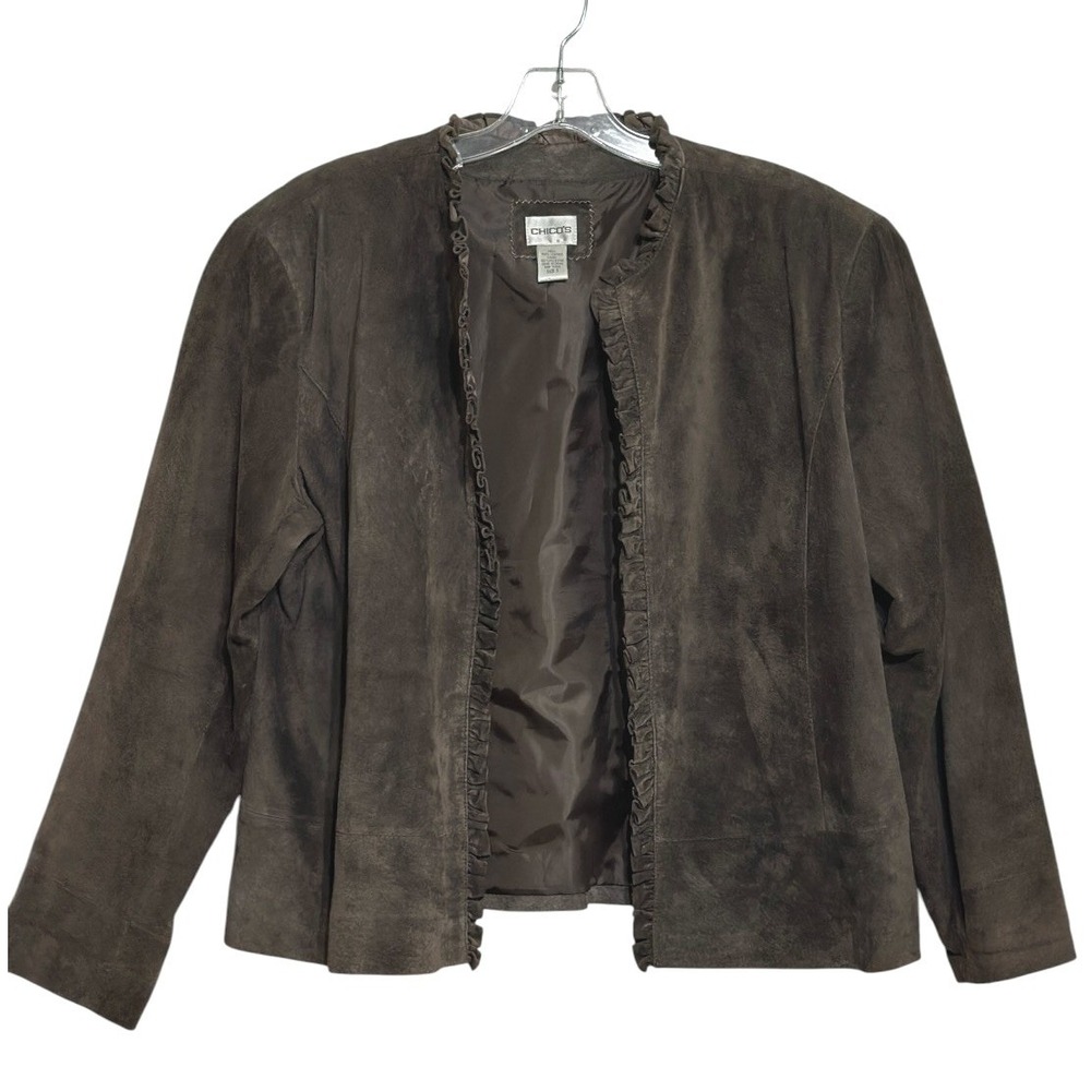 Chico's Suede Leather Jacket Womens Brown Ruffle Trim Open Front Fall Layering 3